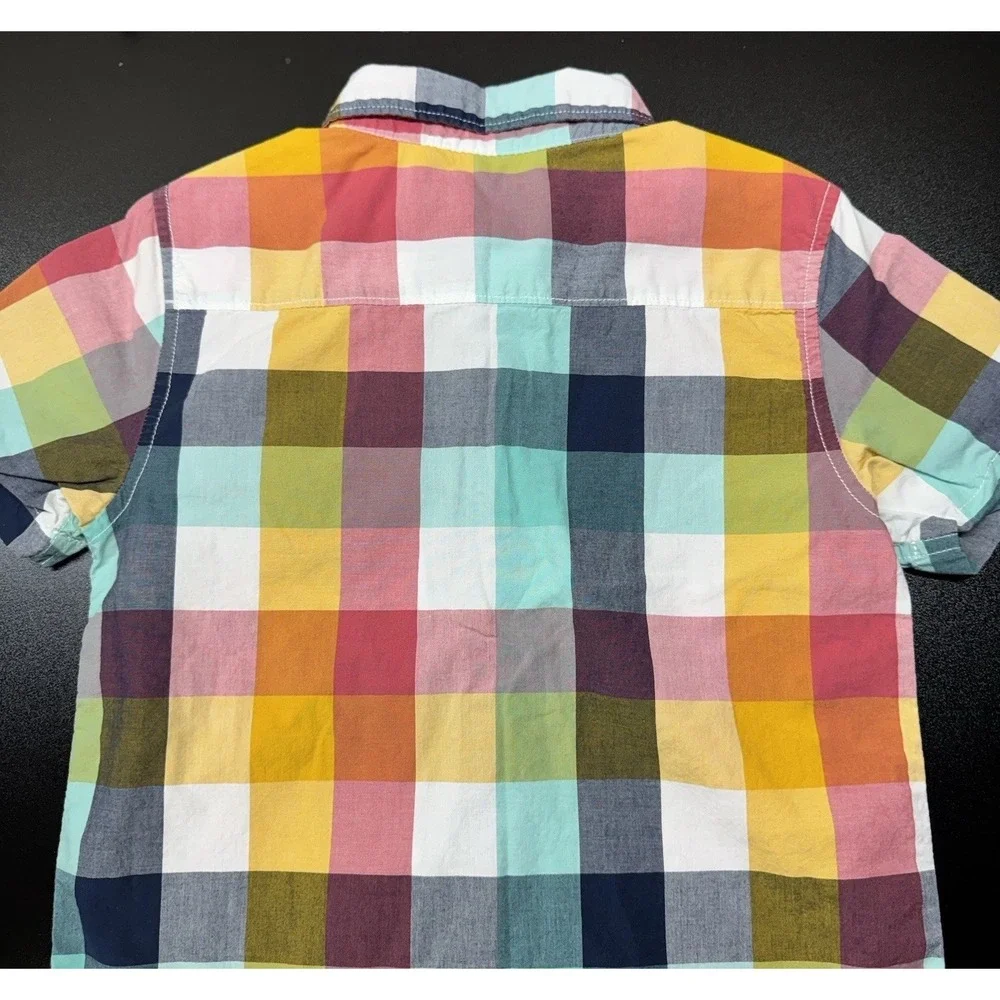 Gymboree Boys Rock Yellow‎ Blue Magenta Checkered Shirt Size S 5/6 Short Sleeve